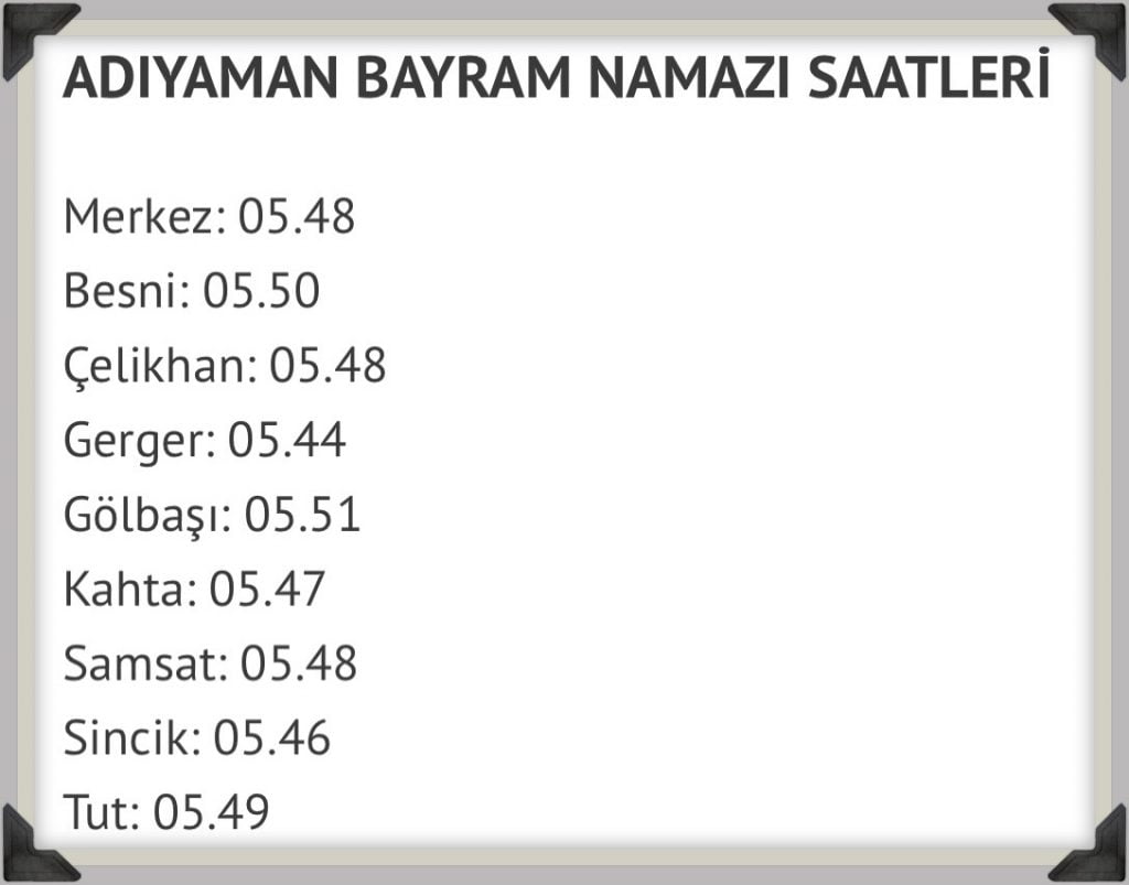 Adıyaman bayram namazı vakitleri