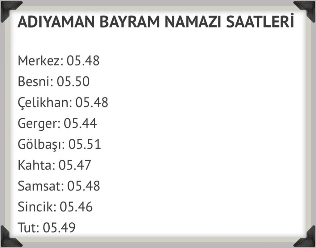 Adıyaman bayram namazı vakitleri