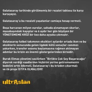 ultrAslan, Galatasaray’ı bu krizden çıkarmalı ve ilk proje İSTİFA OLMALIDIR!