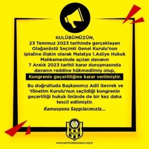 Yeni Malatyaspor’da Adil Gevrek’in Başkanlığı tescillendi