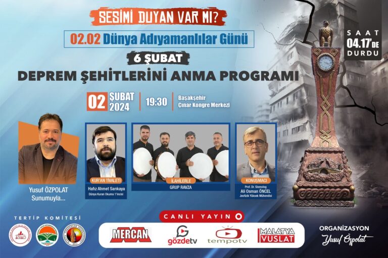 02.02 Dünya Adıyamanlılar Günü’nde, 6 Şubat deprem hayatını kaybedenler için anma programı düzenlenecek.