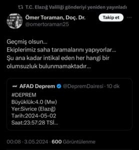 Vali Toraman Elazığ’da ki depremle ilgili açıklama yaptı